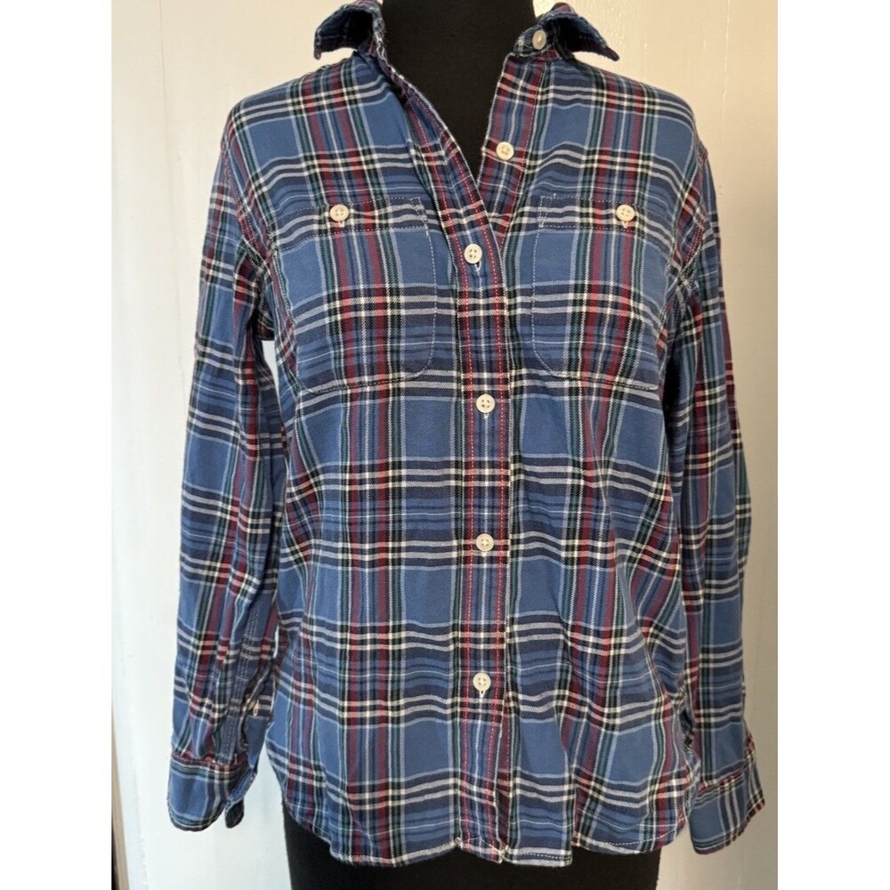 Ralph Lauren Women’s Size PS Blue Roll Tab Sleeve Plaid Button Up Flannel Top